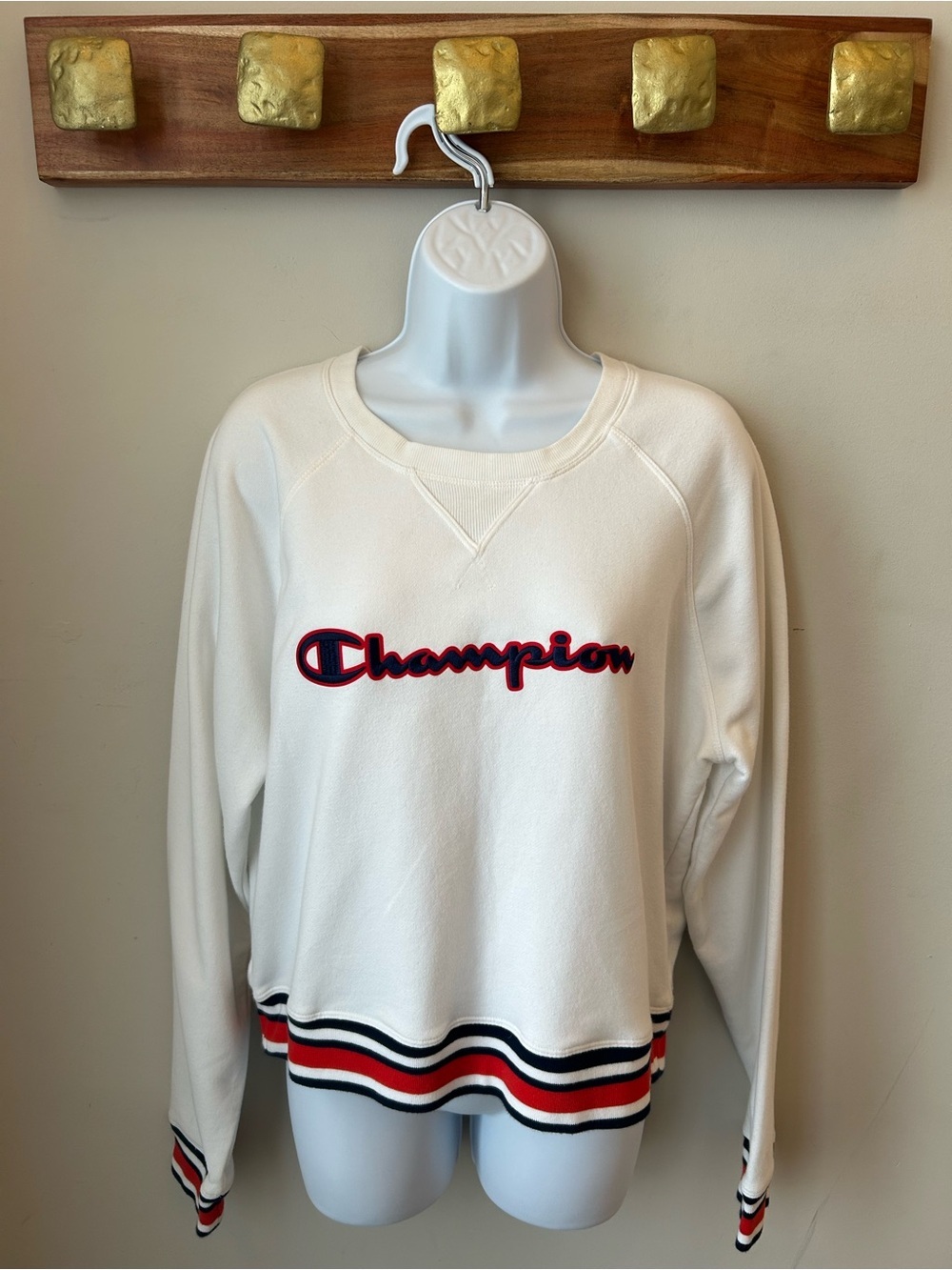 Champion Script Logo Sweatshirt White Varsity Striped Crewneck Women’s Large